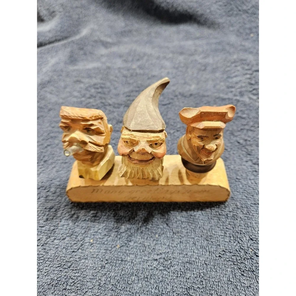 Hand Carved‎ Hand Painted Wood Bottle Toppers Set of 3 with holder Germany Vtg